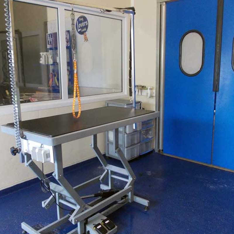 Een elektrisch verstelbare trimtafel met ophangbeugel